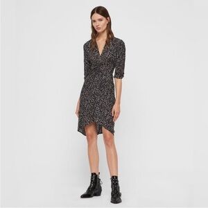 All Saints Josephine Waterleo Ruched Leopard Print Dress Khaki Green preppy US 4
